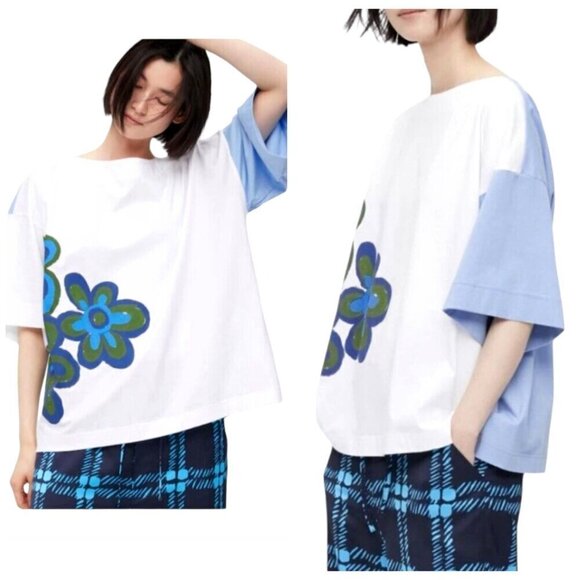 Marni Uniqlo Shirt‎ Women XXS White Blue Cotton Floral Artsy Oversized Boxy Tee - Picture 1 of 12